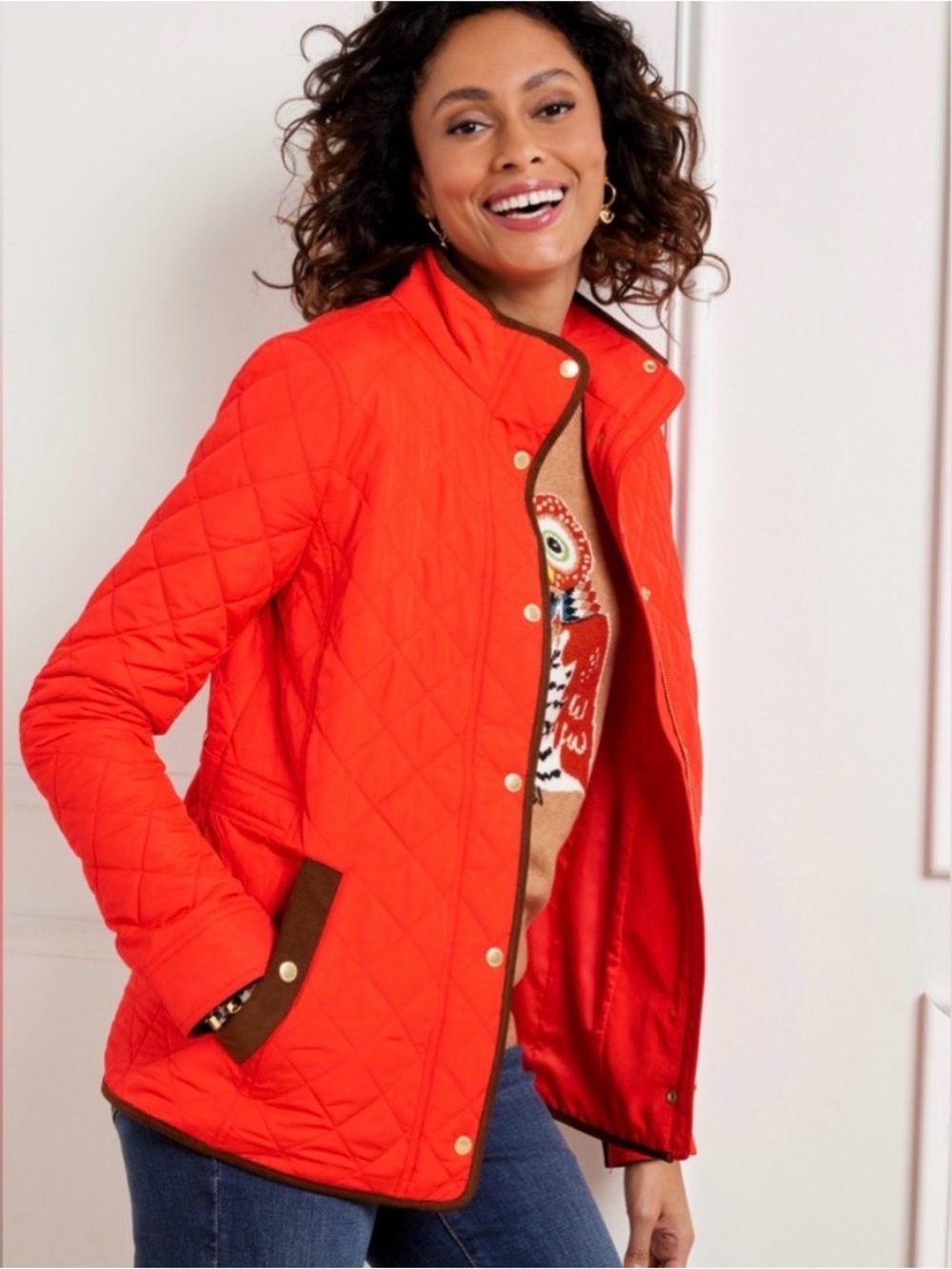 Talbots Orange Quilted Jacket with Brown Detail Size M